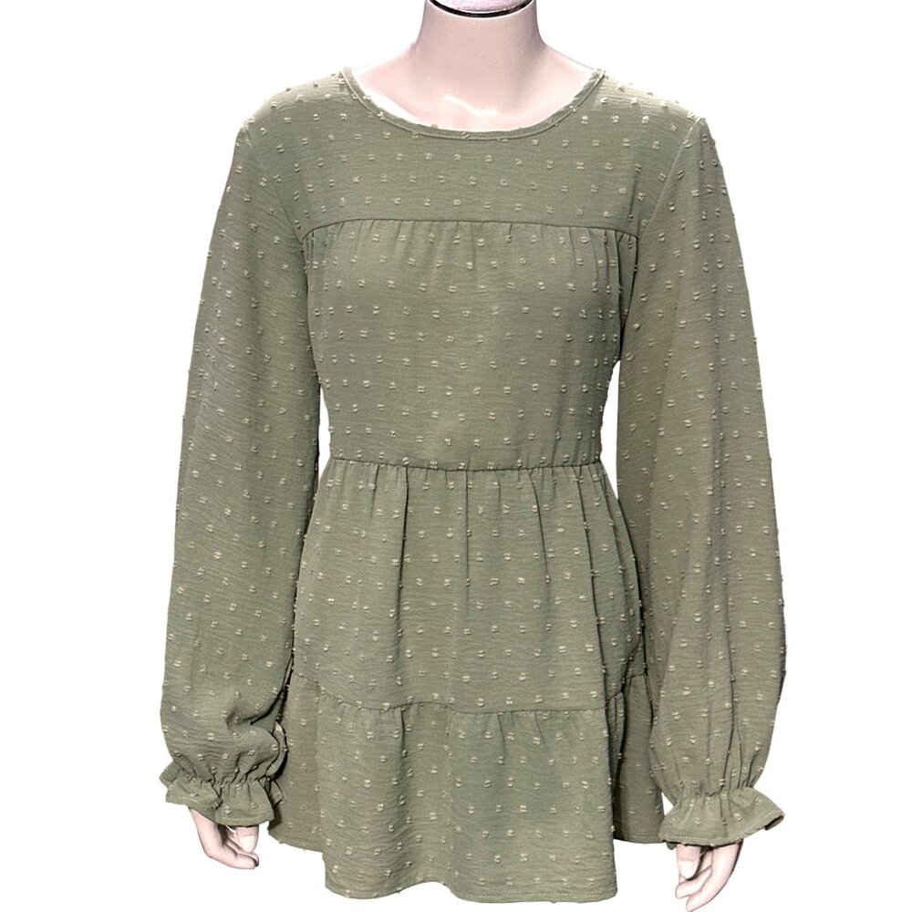 CCC Green Long Sleeve Tiered Midi Dress Textured Dot Pattern Ruffle Cuffs Mediu
